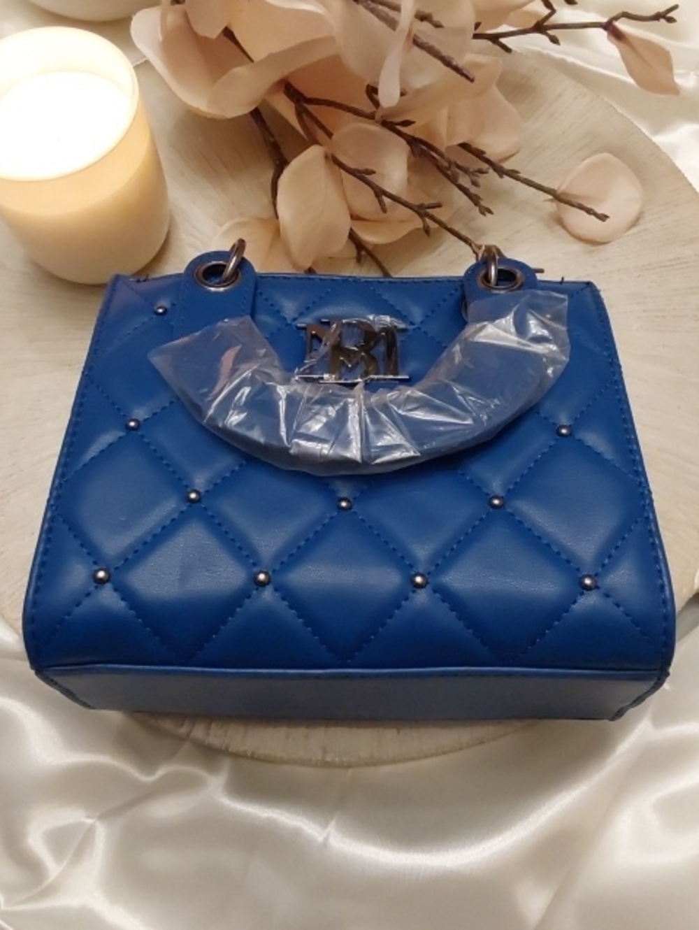 BADGLEY MISCHKA Blue Vegan Leather Small Handle Tote With Quilting Round Studs
